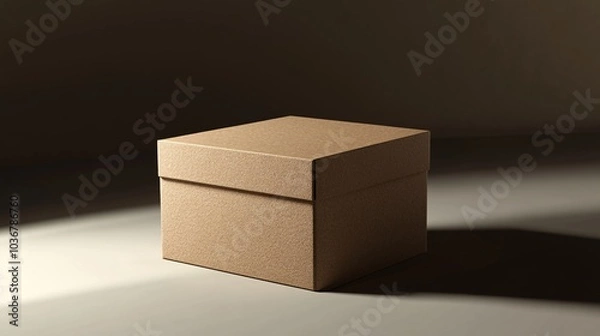 Fototapeta Brown cardboard box with a lid, beautifully lit to showcase its texture and shape against a soft shadow backdrop, ideal for packaging designs.