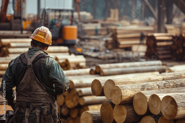 Fototapeta A logging worker skillfully sorts and stacks freshly cut logs at a busy lumber yard, showcasing the hard work and organization involved in timber processing.