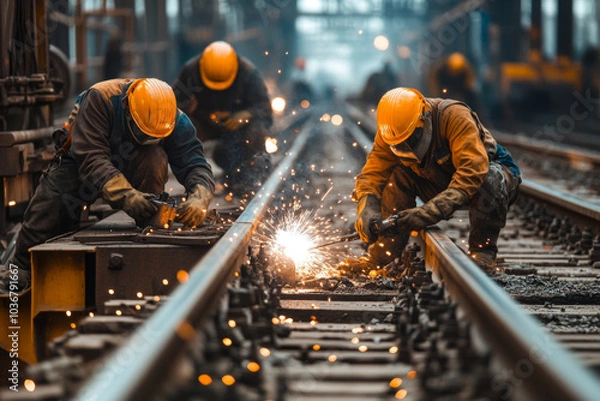 Fototapeta A team of dedicated railway workers is focused on repairing damaged tracks in an industrial setting, creating sparks as they work efficiently in the afternoon light.