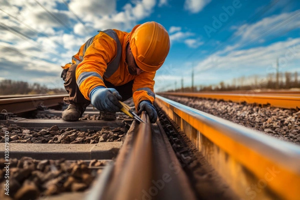 Fototapeta A railway worker in an orange safety vest and hard hat is carefully inspecting and maintaining railroad tracks on a sunny afternoon, focusing on safety and functionality.