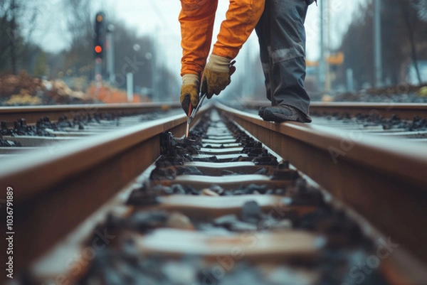 Fototapeta A railway worker in an orange safety vest and hard hat is carefully inspecting and maintaining railroad tracks on a sunny afternoon, focusing on safety and functionality.