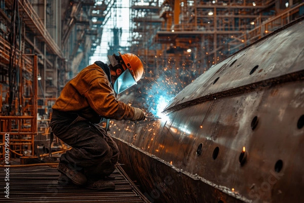 Fototapeta A skilled welder is focused on welding the hull of a large ship, surrounded by the bustling activity of a shipyard, with sparks flying in the air.