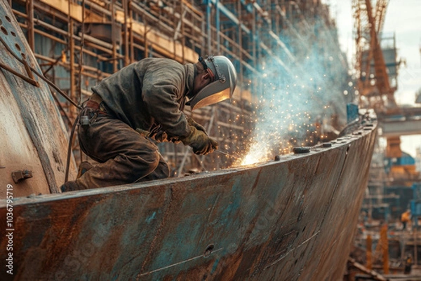 Fototapeta A skilled welder is focused on welding the hull of a large ship, surrounded by the bustling activity of a shipyard, with sparks flying in the air.