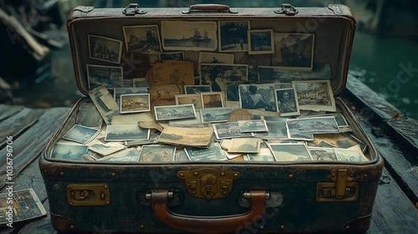 Fototapeta An antique suitcase full of postcards, photos and souvenirs from various places around the world