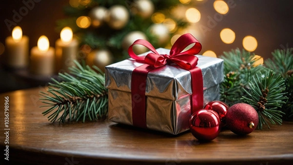 Fototapeta White Christmas present with red ribbon wrapped around it