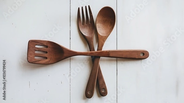 Fototapeta Set of wooden kitchen utensils: spatula, spoon, and fork, neatly arranged on a white surface. Ai generated