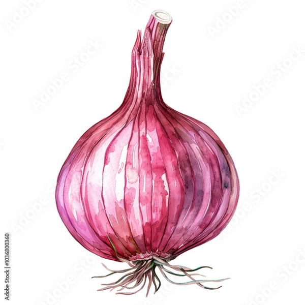 Fototapeta Fresh Red Onion with Roots Showcasing Detailed Texture and Color