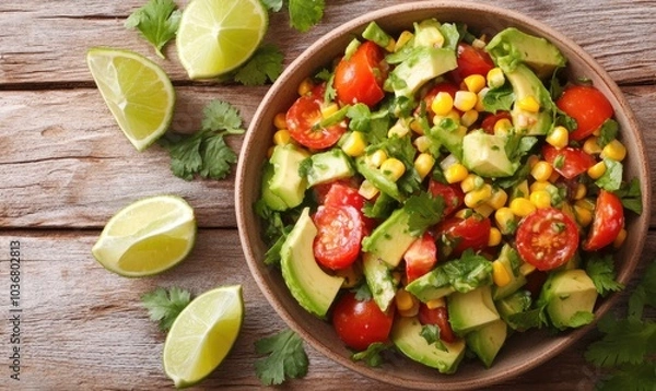 Obraz A bowl of food with tomatoes, corn, and lime