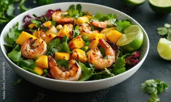 Fototapeta A bowl of shrimp and mango salad with lime wedges