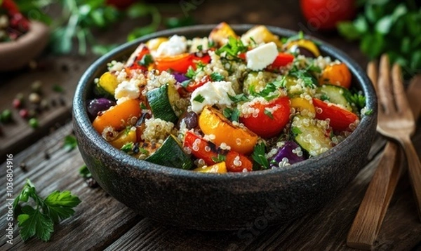 Obraz A bowl of colorful vegetables and quinoa on a wooden table