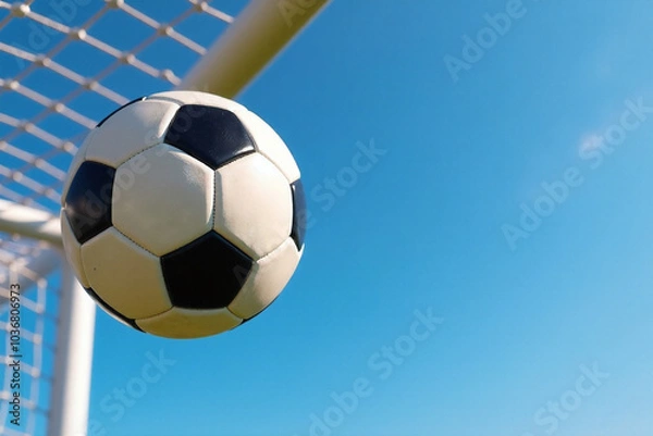 Fototapeta Soccer Ball Flying into Goal Net Against Blue Sky