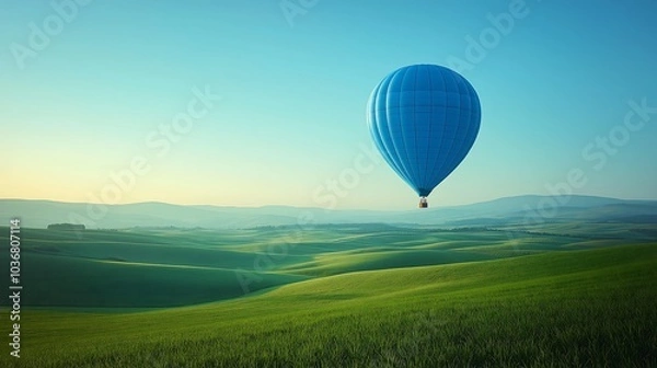 Fototapeta One blue balloon floats gently above a green field under a clear sky
