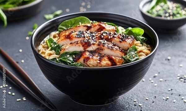 Obraz A bowl of chicken and spinach noodles with sesame seeds