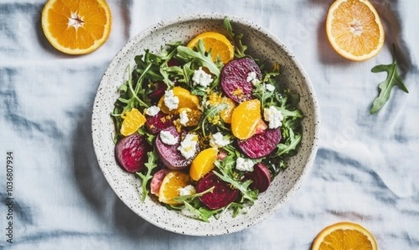 Fototapeta A bowl of salad with beets and oranges