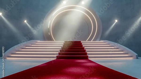 Obraz A red carpet on a white circular stage with illuminated stairs and a spotlight for an award ceremony background.