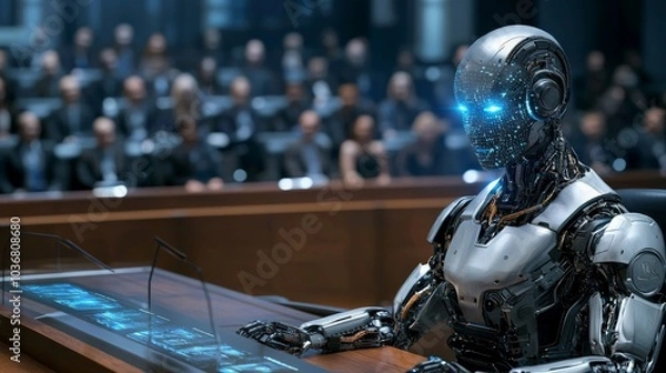 Fototapeta A futuristic courtroom with an AI robot judge, its sleek, metallic form sitting behind the bench, glowing blue eyes analyzing data as lawyers present their cases in a highly advanced digital courtroom