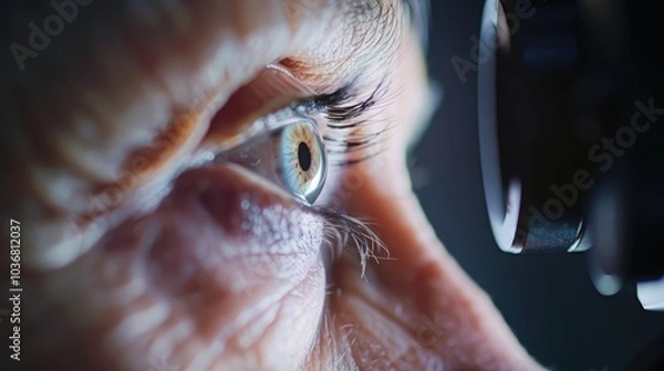 Fototapeta Optometry consultation involving eye examination and vision testing for a senior individual using medical imaging equipment