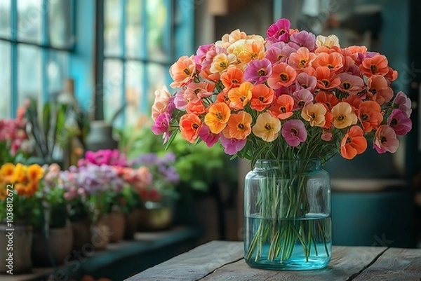 Fototapeta A colorful bouquet of flowers in a glass vase filled with clean water, placed on a wooden table