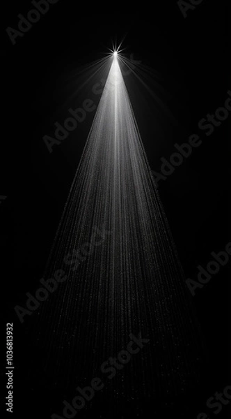 Fototapeta A single Christmas tree made of sparkling light rays, centered on the left side against an all-black background. Minimal creative  holiday concept.Copy space,flat lay