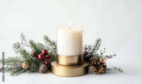 Fototapeta A candle is lit in a gold holder with pine needles and berries