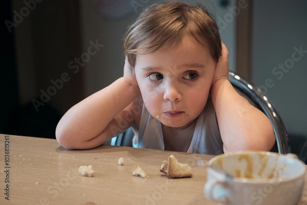 Obraz frustrated toddler covering ears during mealtime, expressing overwhelm childhood emotions