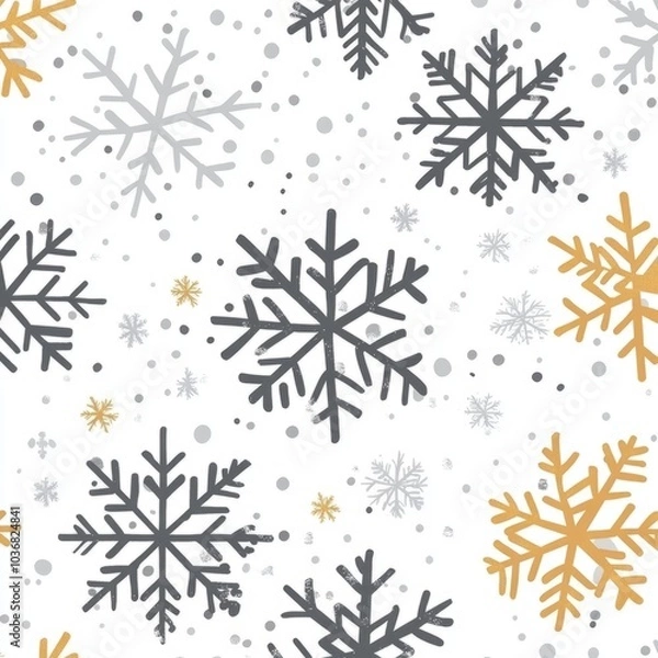 Obraz A festive pattern featuring snowflakes in gray, silver, and gold on a white background.