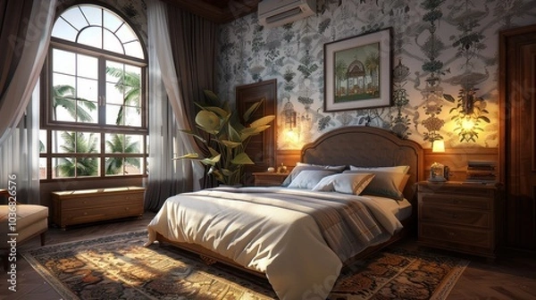 Fototapeta Stylish modern art deco bedroom with elegant windows, upholstered bed, and minimalist d  cor