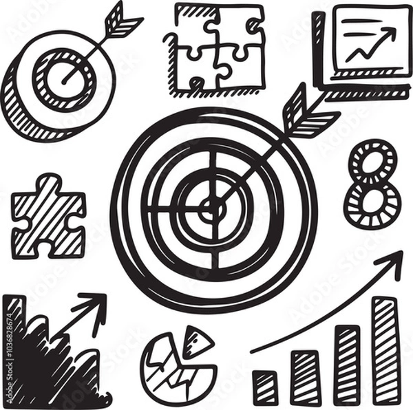 Obraz Doodle hand-drawn business office target, finance group work, career teamwork strategy. 