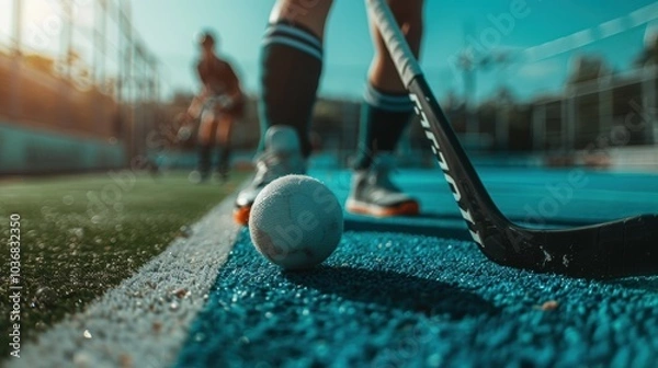 Fototapeta Athletes engaged in field hockey training or competition in an outdoor setting. Focus on fitness, teamwork, and skill development on a turf court with sticks and a ball