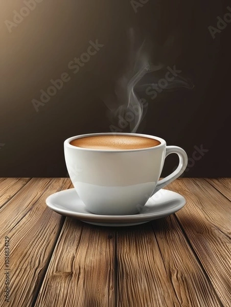 Fototapeta A steaming cup of coffee on a wooden table, inviting and warm, perfect for a cozy morning.