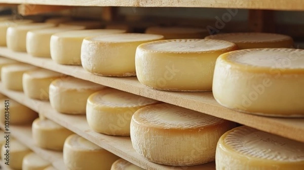 Fototapeta Cheesemaking: Hard Cheese Wheels Maturing in Cellar Storehouse