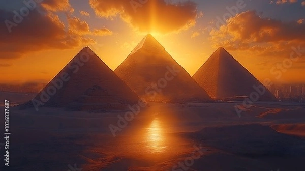 Fototapeta The Egyptian pyramids illuminated by the warm glow of sunset, with the deep blue horizon in the background