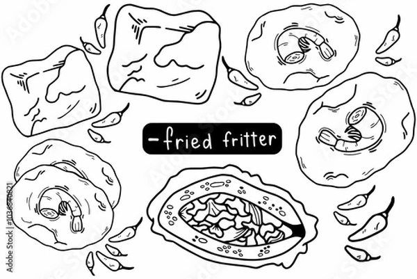 Obraz hand drawn set of fried fritters (Indonesian snacks) like crispy fried tofu, "bakwan udang", and tofu filled with vegetables like carrot and cabbage. Usually with whole chili. Outline doodle.