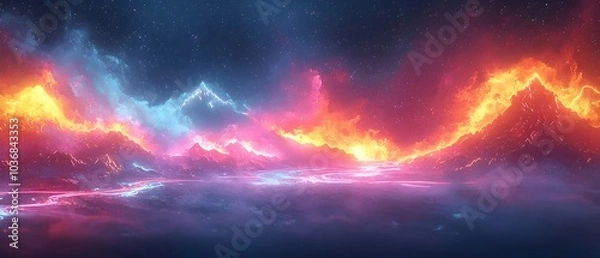 Fototapeta A vibrant digital landscape featuring glowing lava flows in fiery red and orange hues, contrasting against cool blue mountains under a starry sky.
