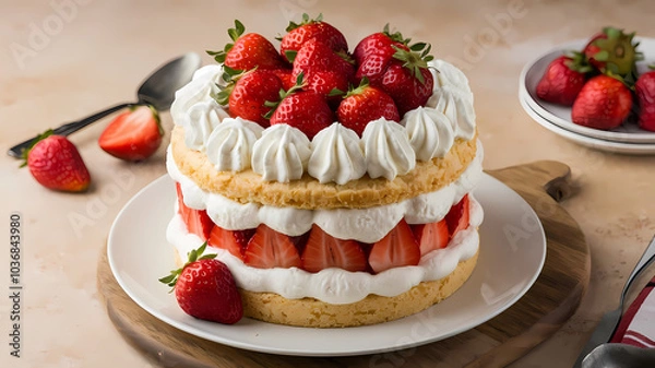 Fototapeta Delicious strawberry shortcake topped with fresh strawberries and whipped cream, served on a wooden platter. Perfect for dessert!