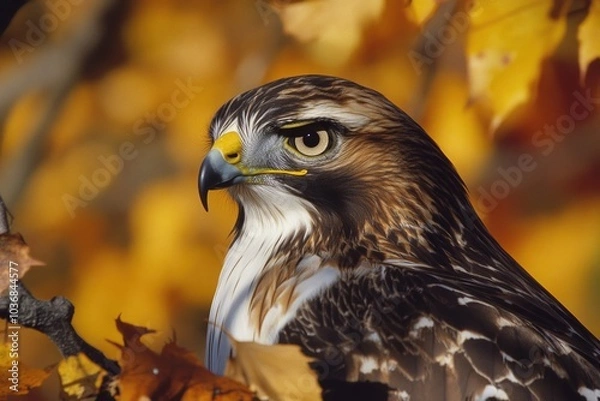 Obraz A bird of prey perches on a tree branch, ready to take flight