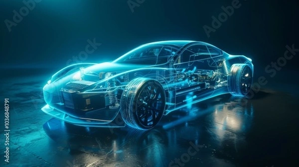 Obraz Electric car lithium battery pack is illustrated with power connections, showcasing the core of modern automotive technology in a vibrant blue tone