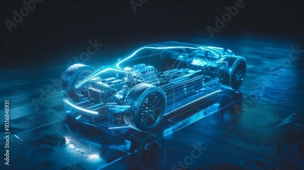 Fototapeta Electric car lithium battery pack is illustrated with power connections, showcasing the core of modern automotive technology in a vibrant blue tone
