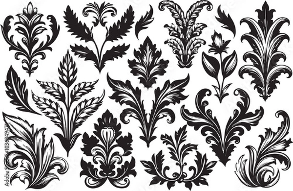 Fototapeta Set of graphic design vector icon leaf ornaments. Hand drawn vector illustration