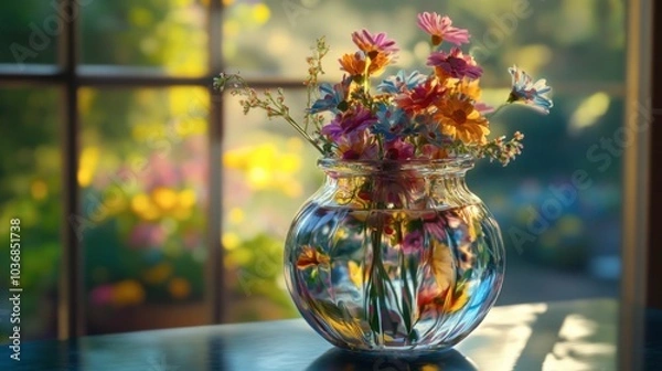 Fototapeta A beautiful translucent vase filled with vibrant flowers captured in soft morning light