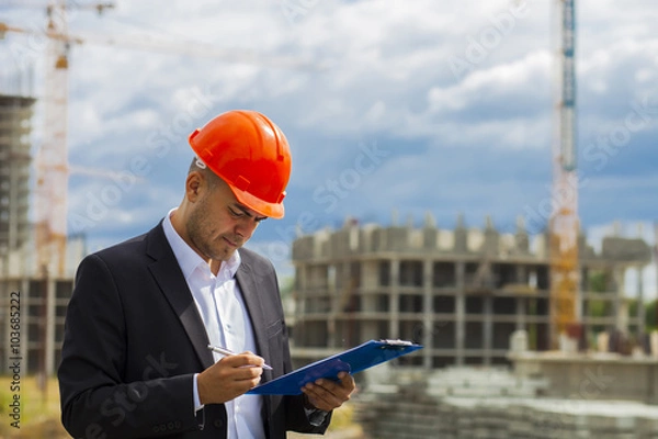 Fototapeta Worker inspector  in helmet checking  construction 