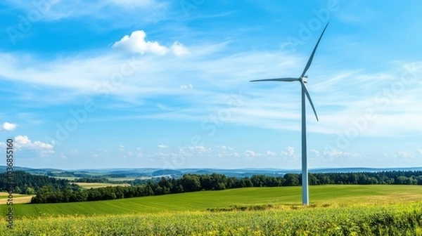 Fototapeta A high-tech wind turbine, clear and open landscape with blue skies, Eco-friendly style