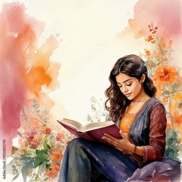Fototapeta watercolor of a woman reading a book isolated on a peaceful background with copy space