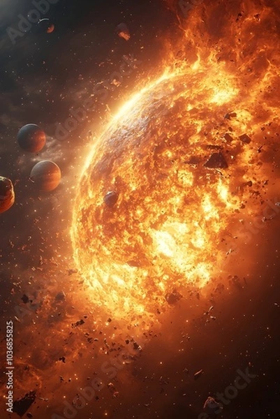 Fototapeta An awe-inspiring cosmic scene featuring a blazing sun surrounded by rocky debris and distant planets, capturing the vibrant colors of the universe and its celestial beauty.