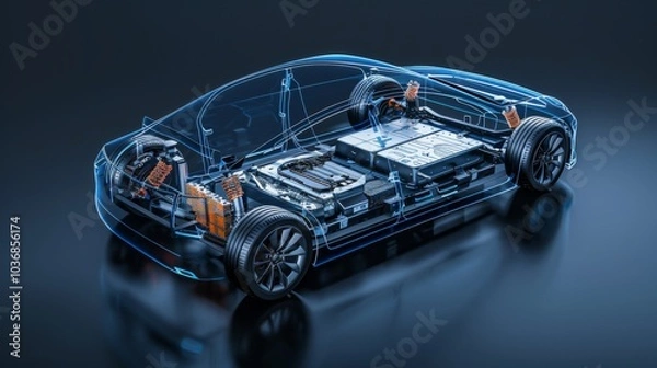 Obraz Electric car lithium battery pack is illustrated with power connections, showcasing the core of modern automotive technology in a vibrant blue tone