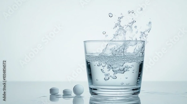 Fototapeta A dynamic splash of water from a glass, capturing the essence of freshness and vitality with white tablets nearby.