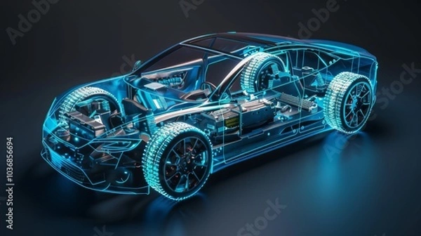 Fototapeta Electric car lithium battery pack is illustrated with power connections, showcasing the core of modern automotive technology in a vibrant blue tone