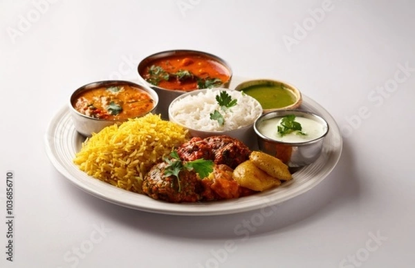 Fototapeta Indian dishes in a white plate, assorted Indian dishes