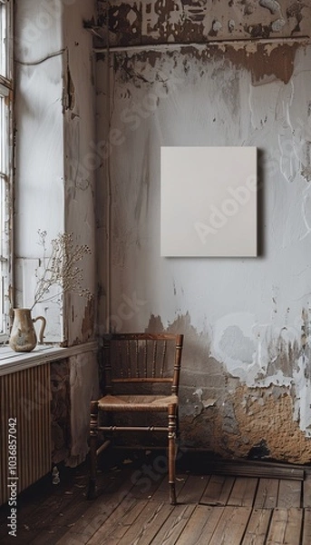 Fototapeta Artistic depiction of a white canvas on rustic minimalist house wall, evoking warmth and comfort