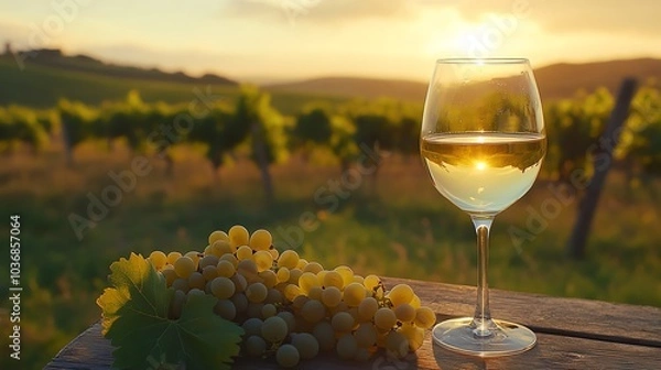 Fototapeta A serene evening in a vineyard, featuring a glass of white wine beside fresh grapes under a warm sunset.